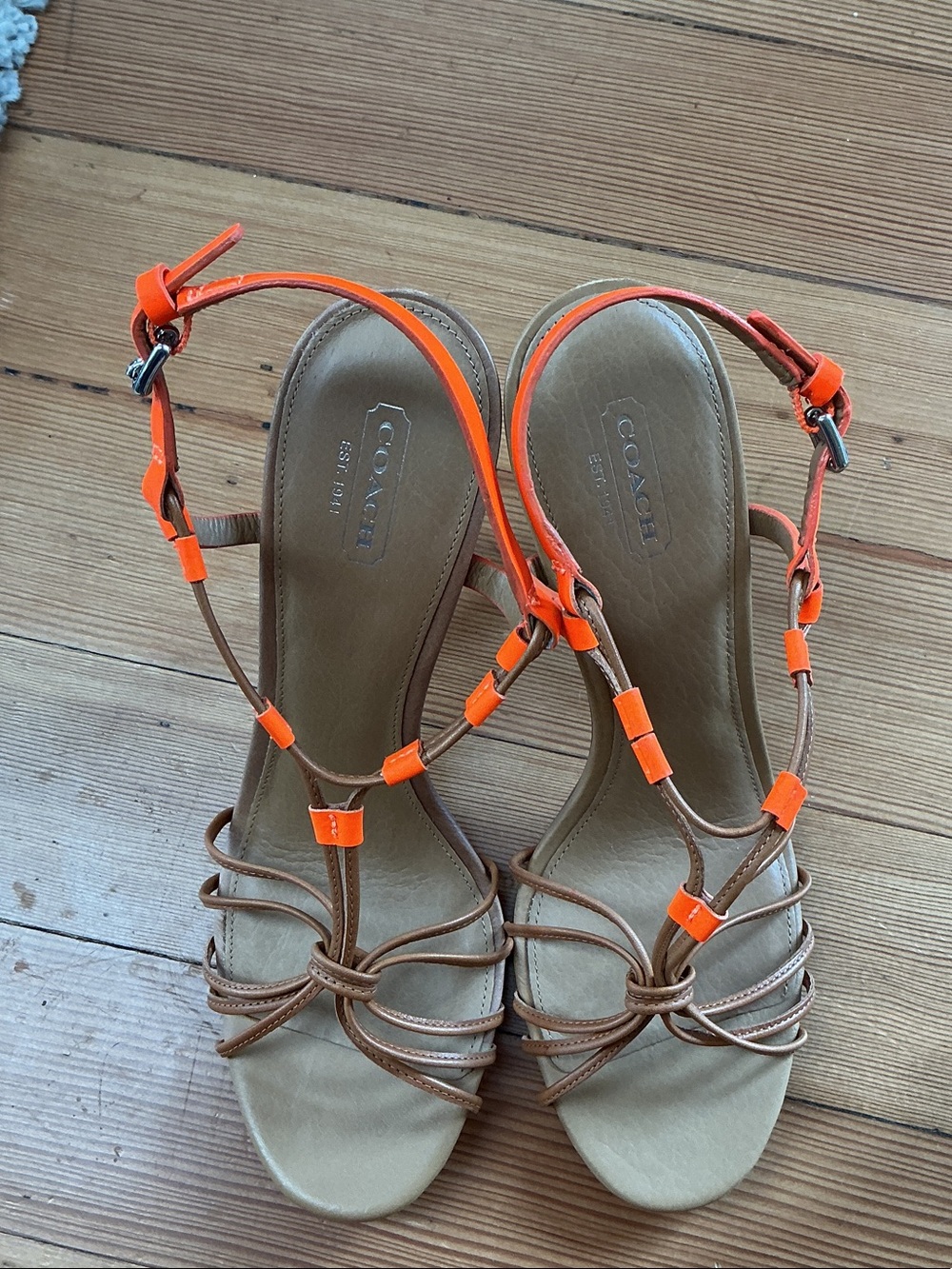 Coach Strappy High Heel Sandals in Neon Orange and Tan NEW